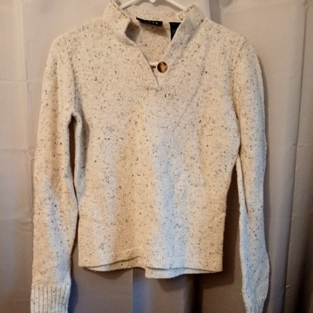 CRAZY HORSE LIZ CLAIBORNE Mock neck Sweater Top PS Ivory speckled Henley button